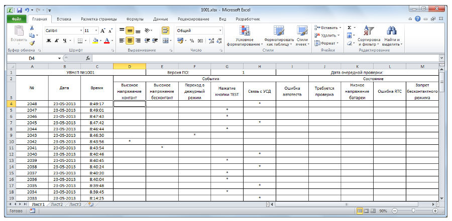 Таблица 1. Вывод данных в Excel